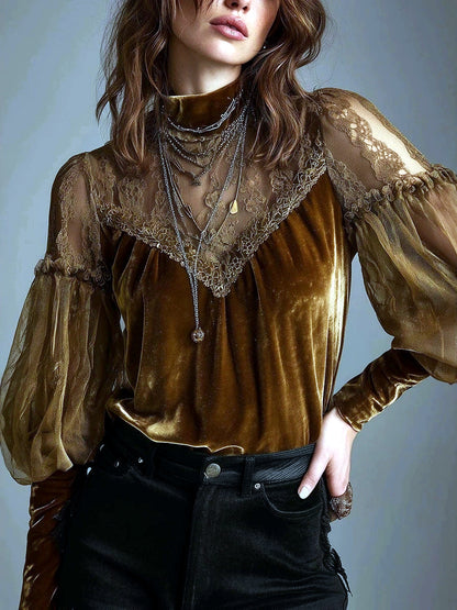 Women's Lace-Trim Patchwork Stretch Relaxed-Fit Long-Sleeve Office Blouse in brown - product view