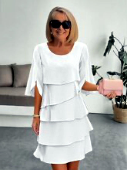 Women's Solid-Color Crew-Neck Patchwork Relaxed-Fit Midi Dress in White - product view