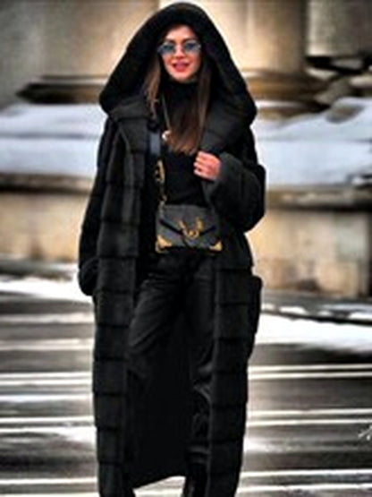 Solid-Color Long-Sleeve Hooded Trench Coat in Black - product view