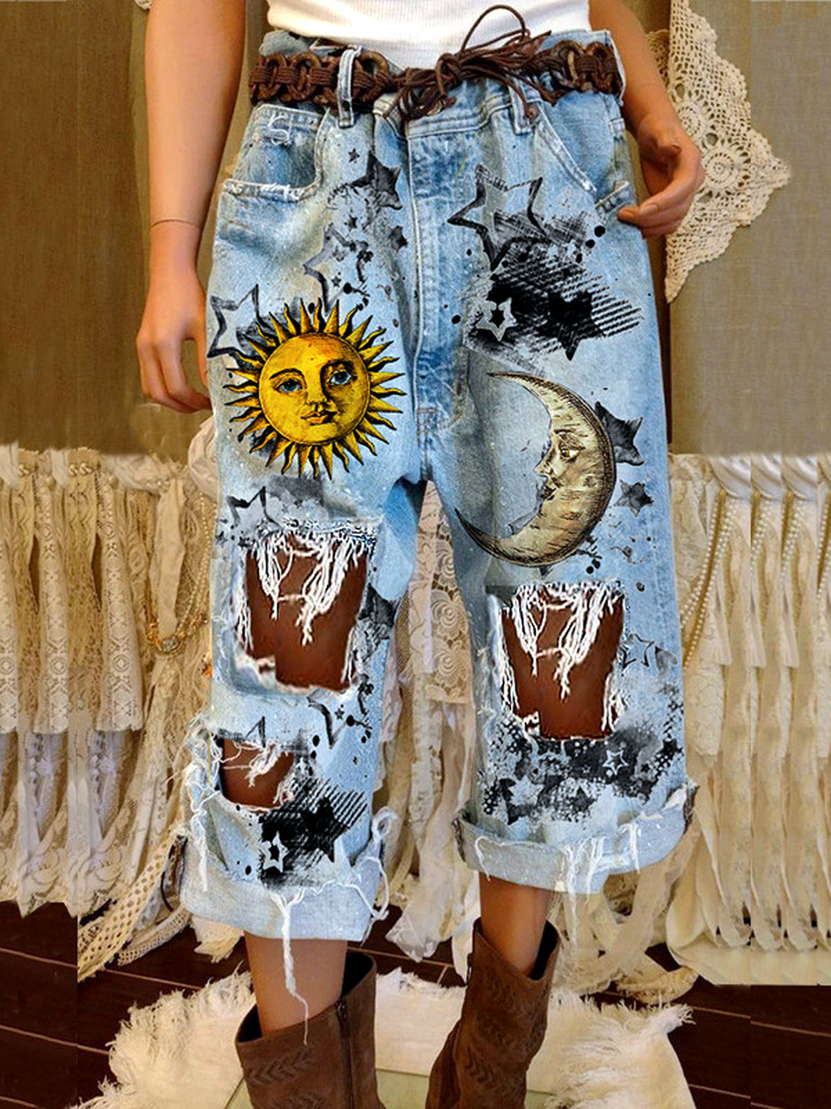 Women's Denim Printed Relaxed-Fit Mid-Rise Pocket Streetwear Jeans in Light Blue - product view