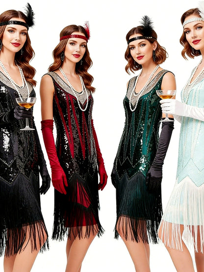 Women's V-Neck Vintage-Inspired Dress in Red - product view