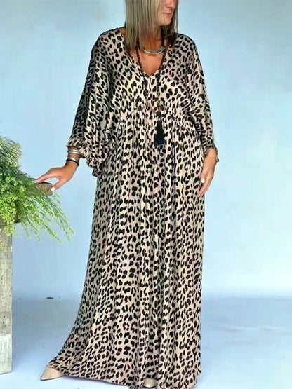 Knit Leopard-Print Printed V-Neck Pullover Relaxed-Fit Dress in Khaki - product view