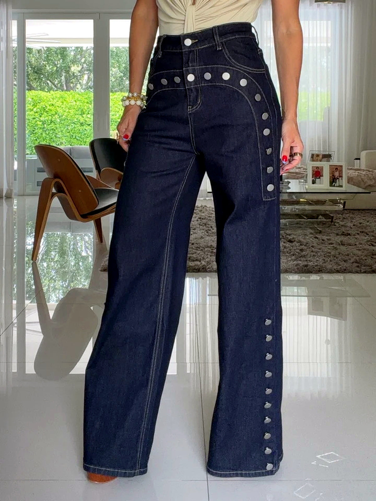 Denim Relaxed-Fit Washed High-Waist Wide-Leg Straight-Leg Pants in Dark Blue - product view