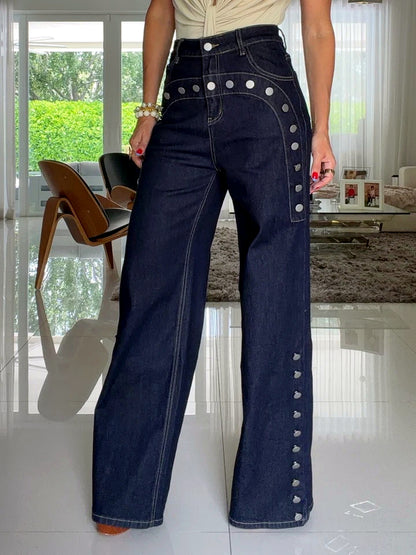 Denim Relaxed-Fit Washed High-Waist Wide-Leg Straight-Leg Pants in Dark Blue - product view