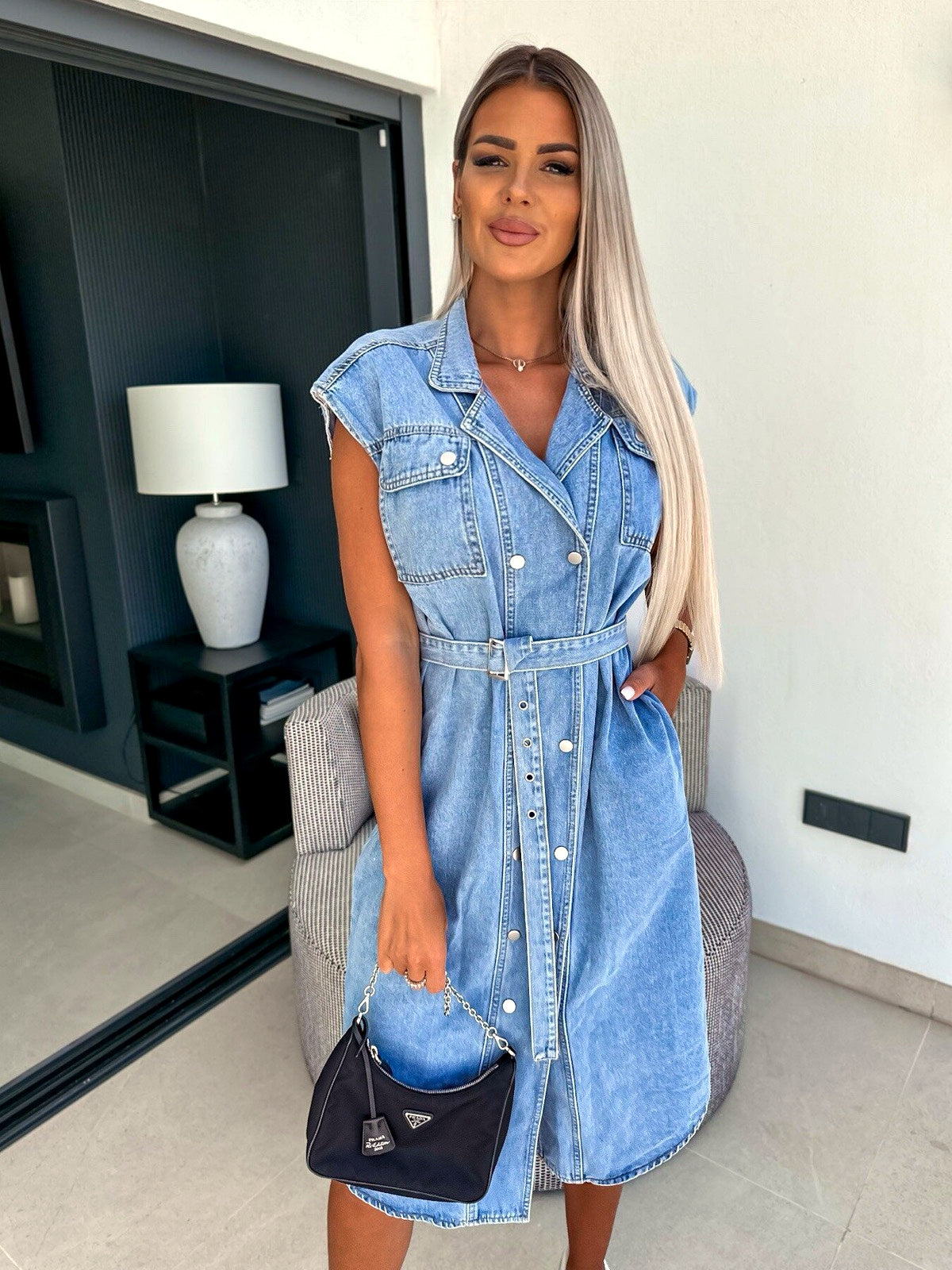 Women's Denim Shirt Dress Seven Quarter Sleeve Loose Casual Spring Dress in Light Denim Blue - product view