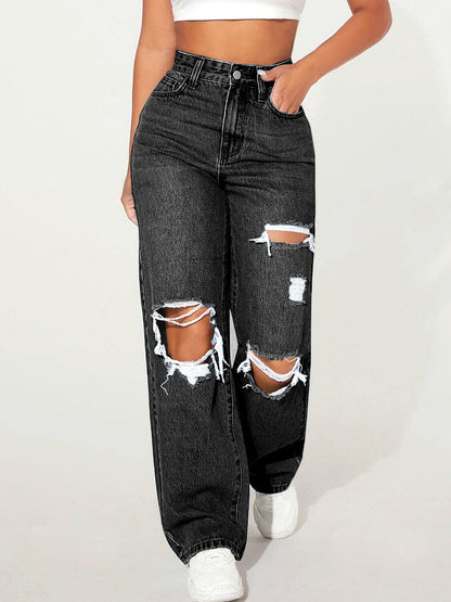 Denim Relaxed-Fit High-Waist Straight-Leg Pocket Streetwear Jeans in Charcoal - product view