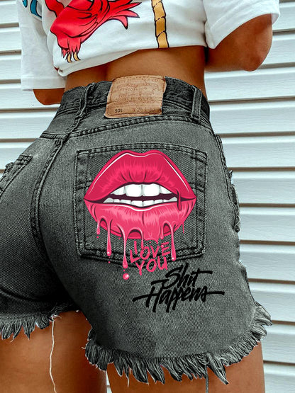 Women's Denim Printed Distressed Relaxed-Fit High-Waist Straight-Leg Shorts in Black - product view