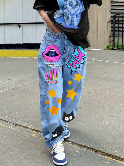 Women's Denim Printed Relaxed-Fit Slim-Fit Straight-Leg Zip-Front Pants in Light Blue - product view