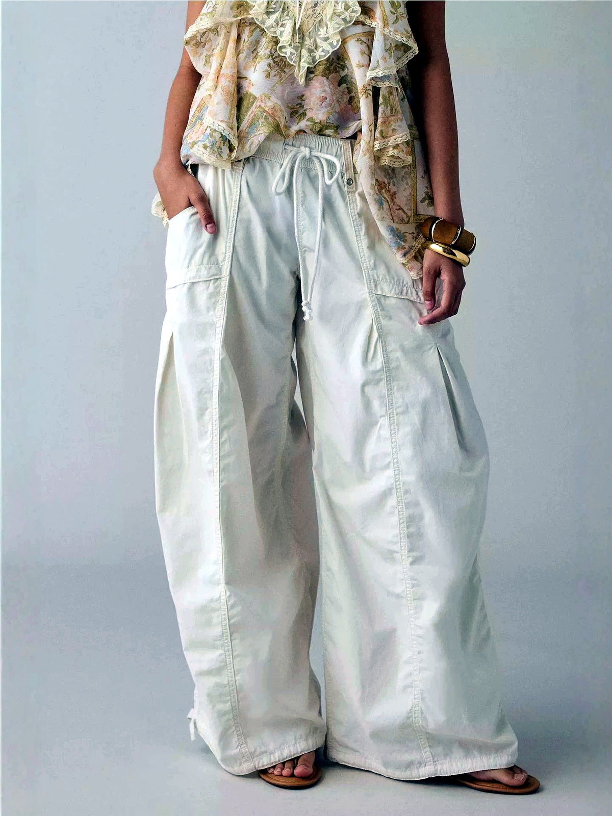 Women's Elastic Waist Wide Leg Pants Loose Casual Fall Winter Trousers in White - product view