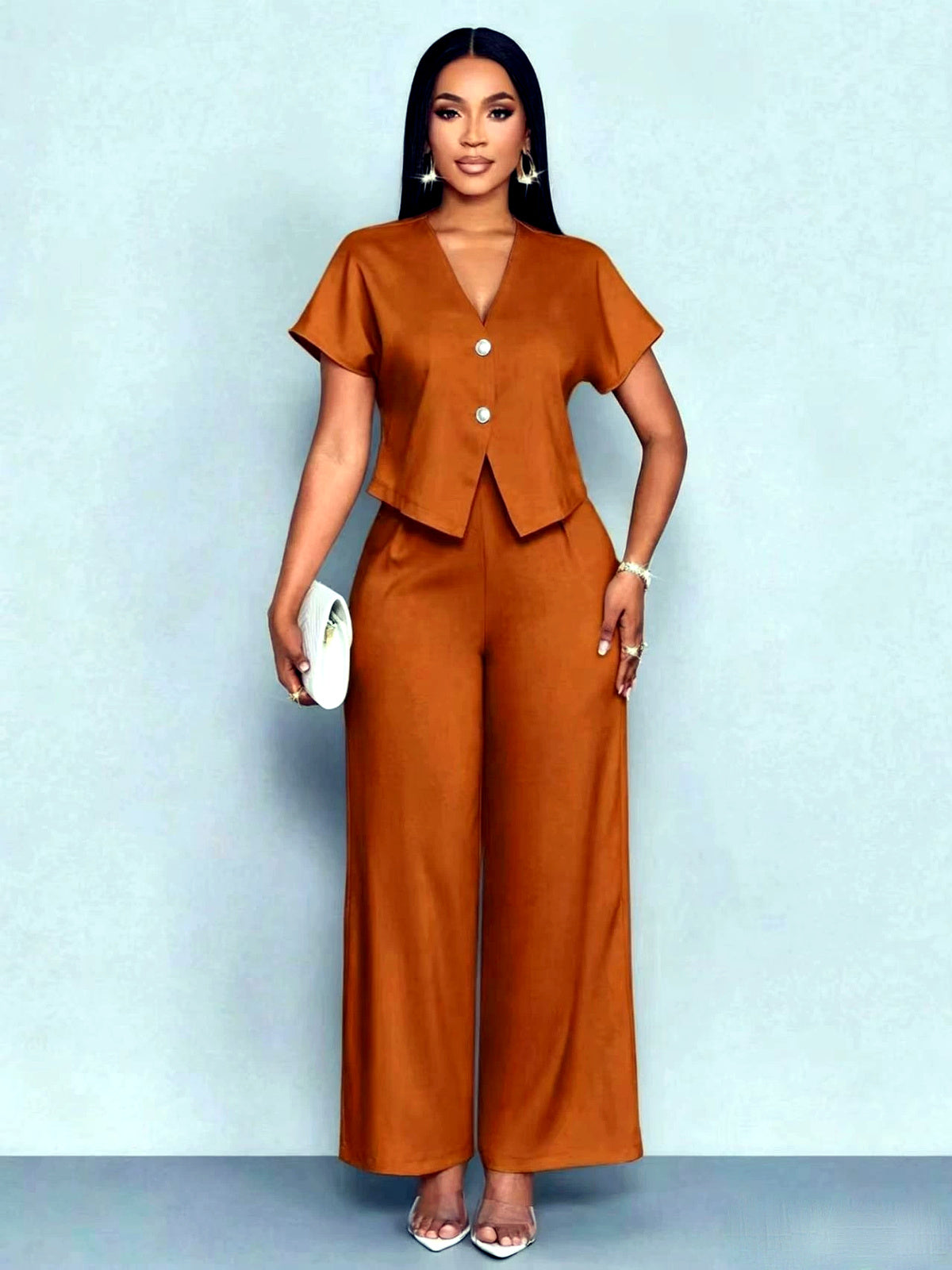 Solid-Color V-Neck Button-Front Asymmetric Short-Sleeve Pocket Top & Pants Set in White - product view