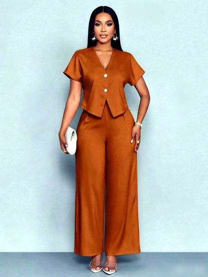 Solid-Color V-Neck Button-Front Asymmetric Short-Sleeve Pocket Top & Pants Set in White - product view