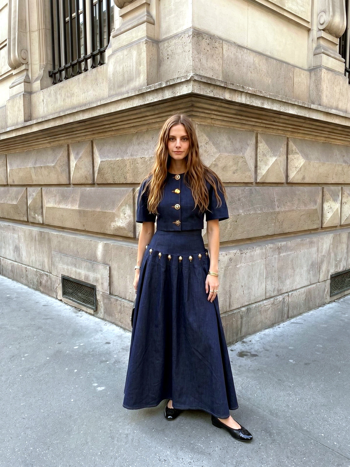 Women's Metal-Button Tie-Front Denim Top & Maxi Skirt Set in White - product view