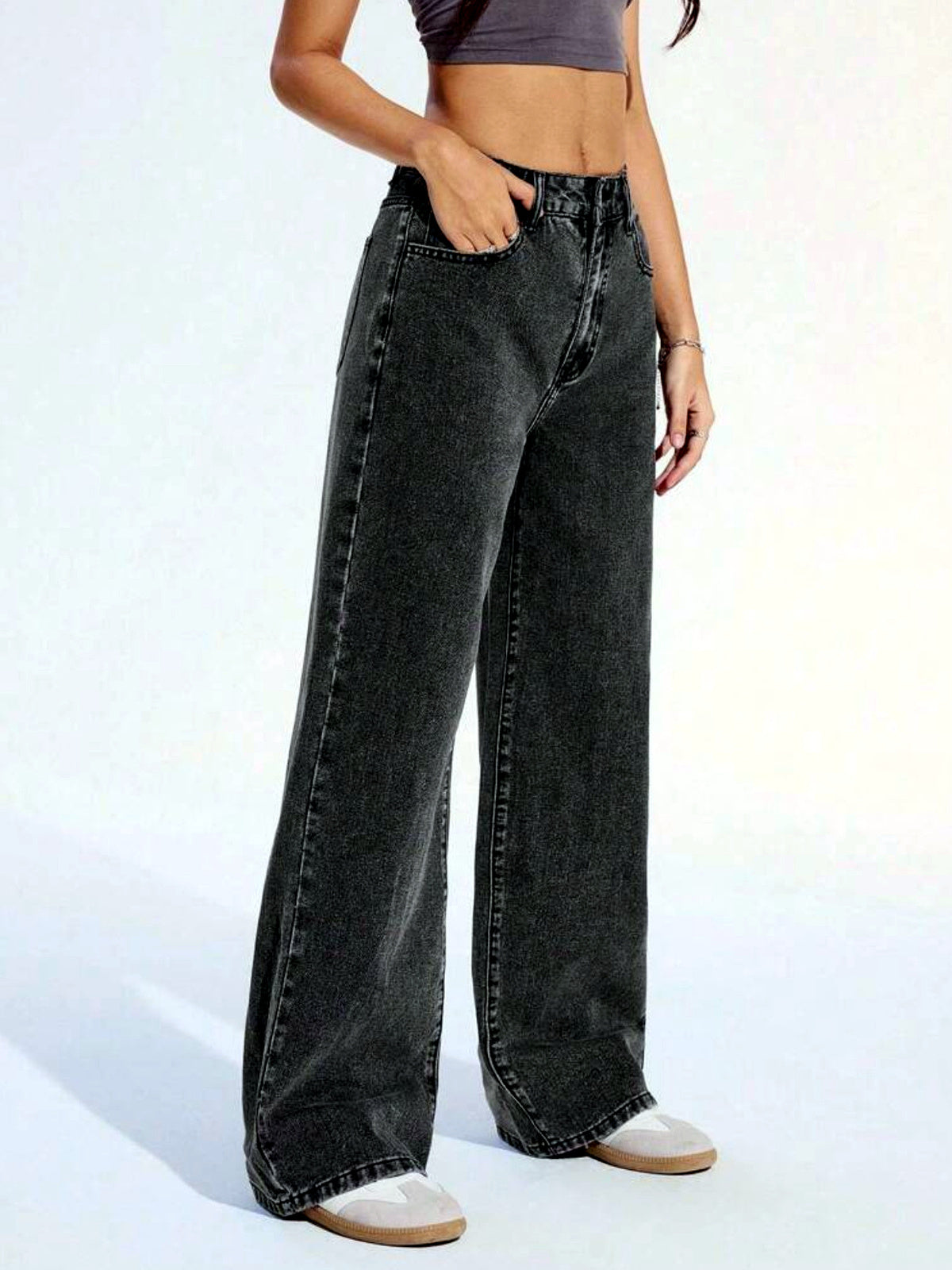 Women's Washed Denim Solid-Color Distressed Mid-Rise Wide-Leg Jeans in Black - product view