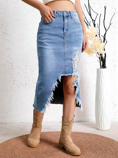 Women's Denim Distressed Stretch Asymmetric Slit Midi Skirt in Blue - product view