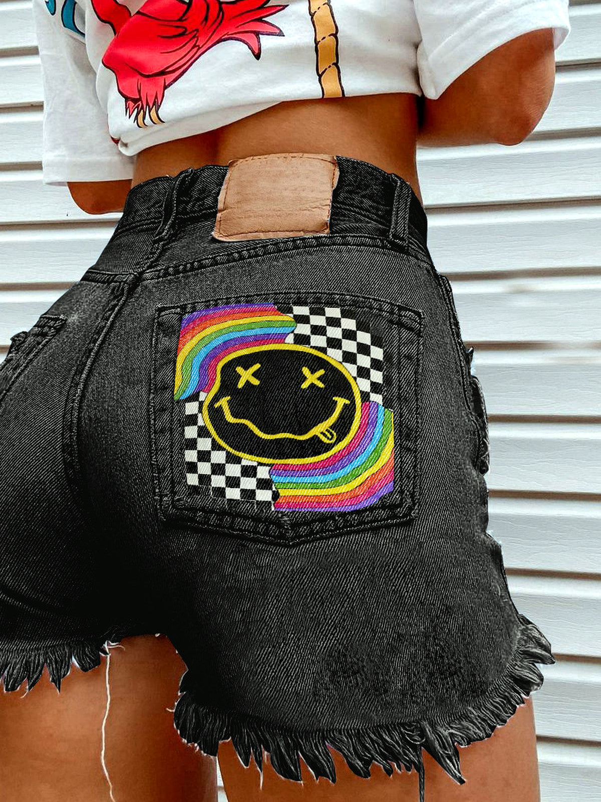 Women's Denim Printed Distressed Relaxed-Fit Mid-Rise Streetwear Shorts in Black - product view