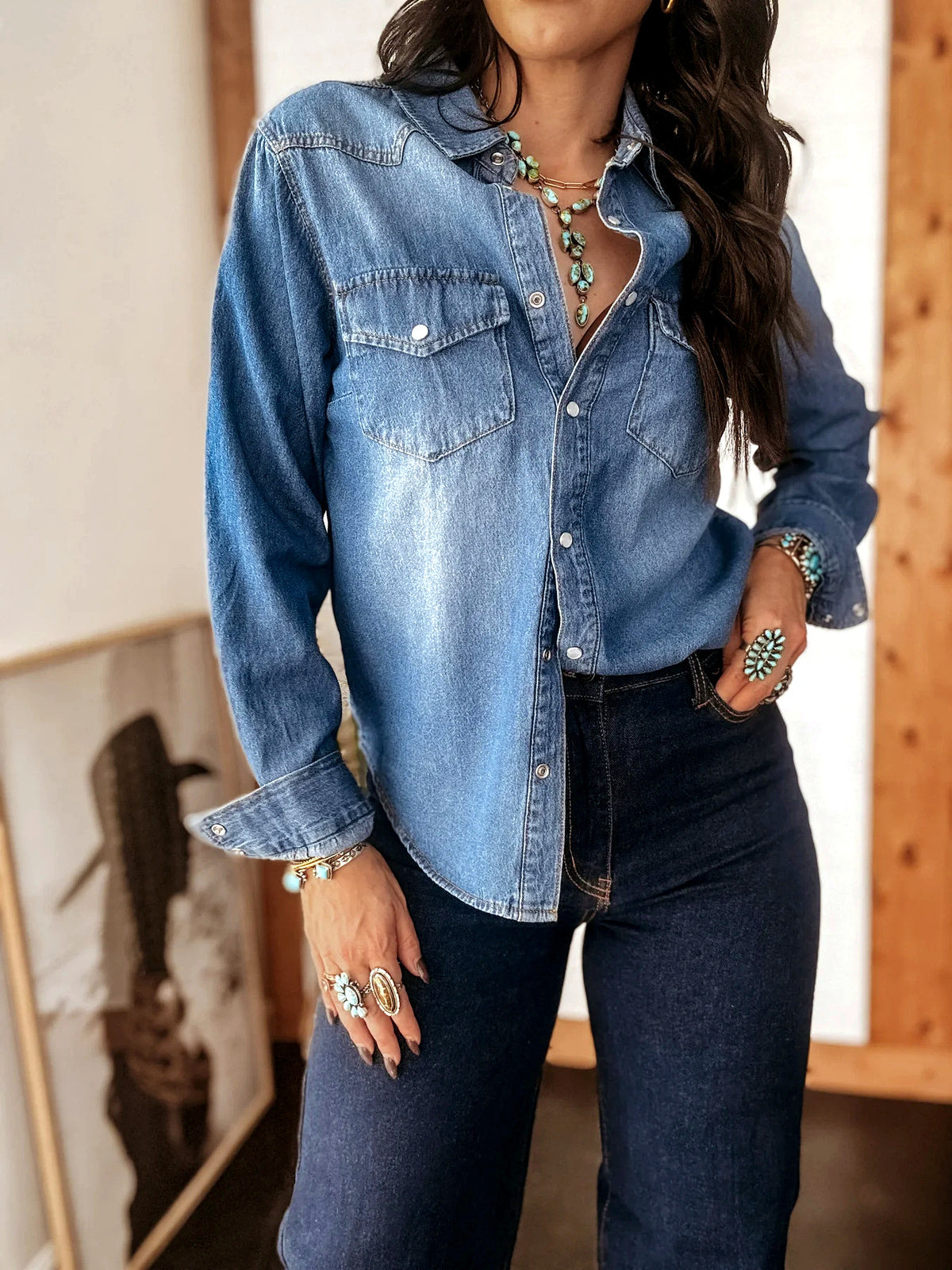 Women's Polo Single-Breasted Long Sleeve Shirt Casual in Blue - product view