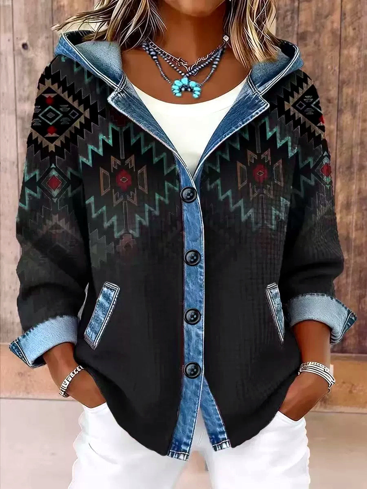 Women's Plaid Relaxed-Fit Hooded Cardigan in Black - product view