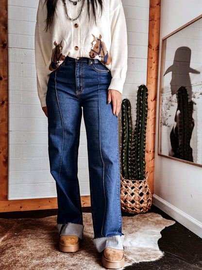 Women's Washed Straight Leg Jeans Mid Rise Loose Denim Pants in Dark Blue - product view