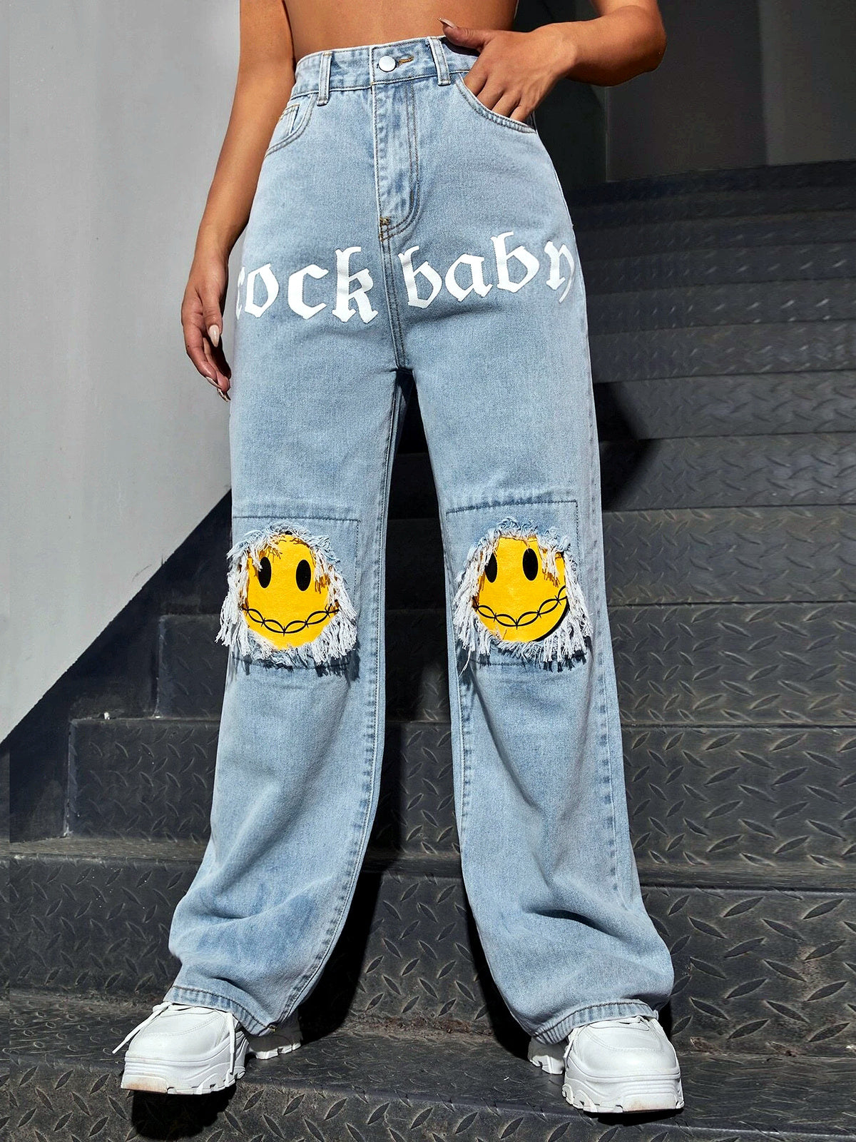 Denim Printed Distressed Relaxed-Fit Mid-Rise Zip-Front Jeans in Light Blue - product view