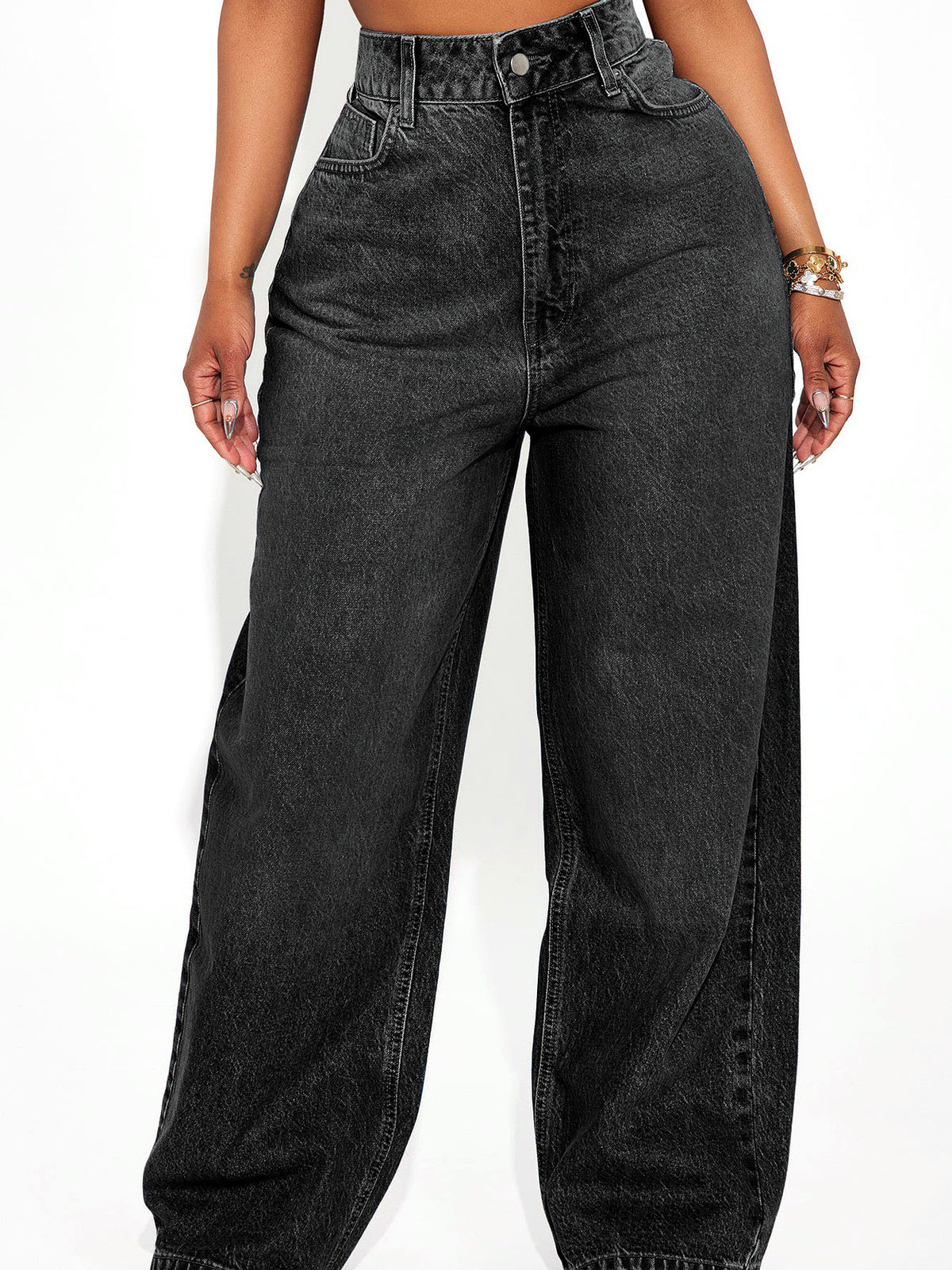 Women's Denim Relaxed-Fit High-Waist Wide-Leg Pocket Streetwear Jeans in Charcoal - product view