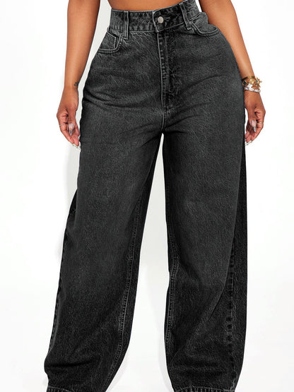 Women's Denim Relaxed-Fit High-Waist Wide-Leg Pocket Streetwear Jeans in Charcoal - product view
