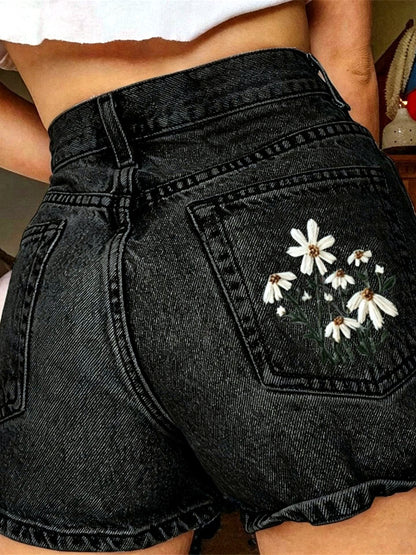 Women's Denim Printed Relaxed-Fit Mid-Rise Vintage-Inspired Shorts in Black - product view