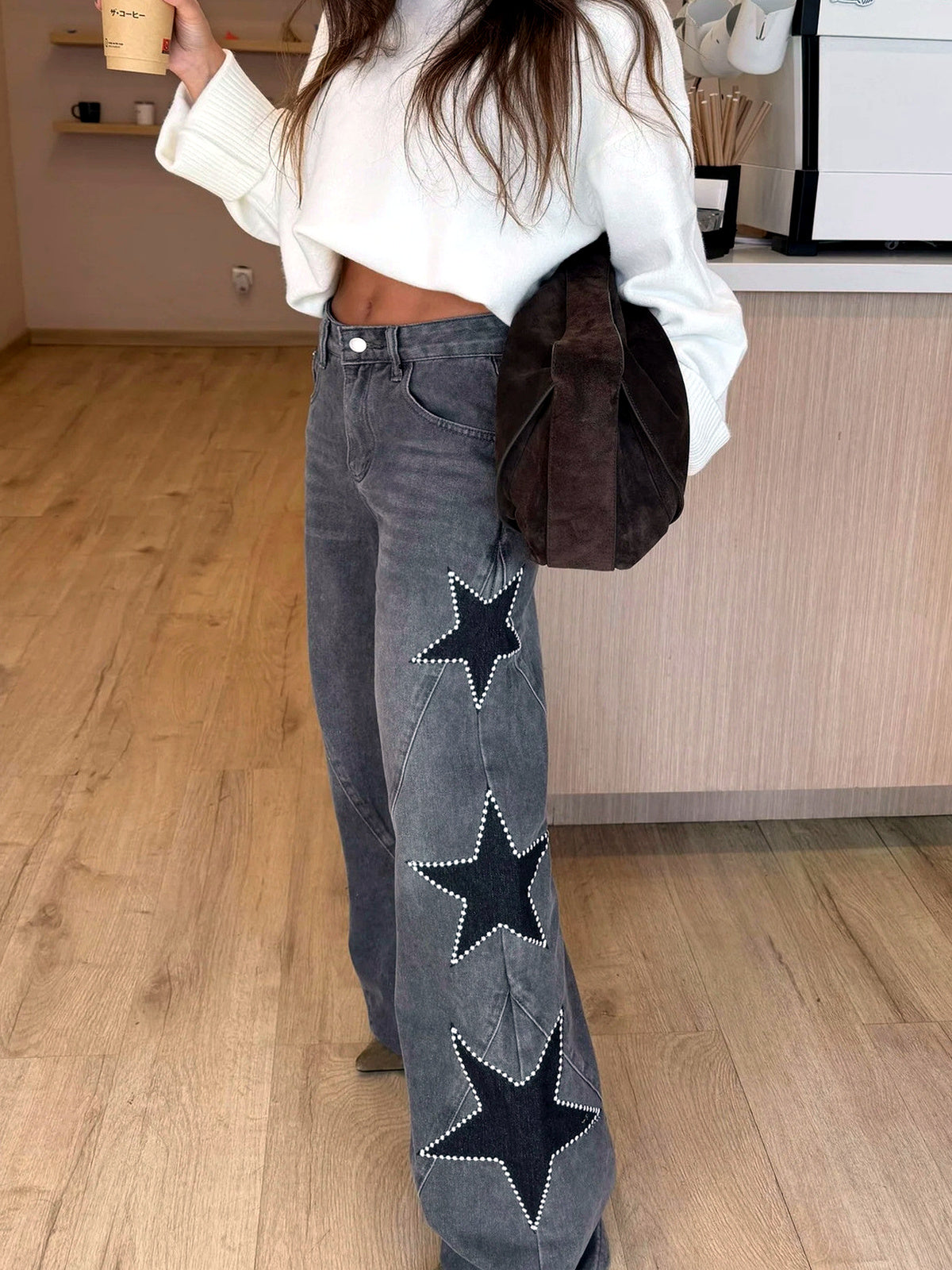 Women's Washed Straight Leg Jeans Mid Rise Loose Denim Pants in Black - product view