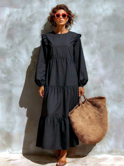 Solid-Color Crew-Neck Relaxed-Fit Long-Sleeve Dress in Black - product view