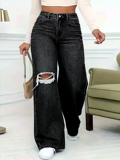 Women's Denim Printed Distressed High-Waist Wide-Leg Straight-Leg Jeans in Charcoal - product view