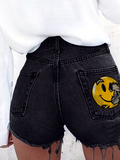 Denim Printed Relaxed-Fit Mid-Rise Streetwear Shorts in Black - product view