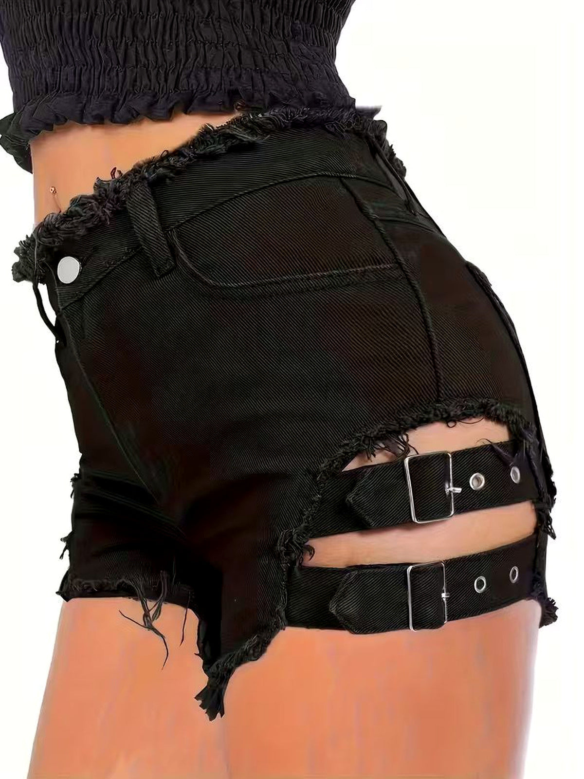 Women's Washed Denim Patchwork Solid-Color Distressed Raw-Hem Shorts in Black - product view