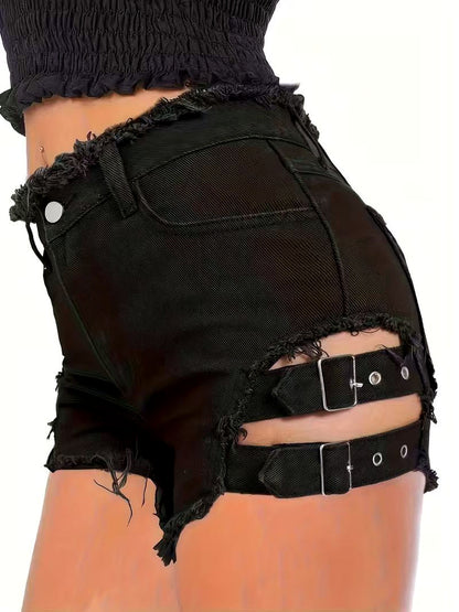 Women's Washed Denim Patchwork Solid-Color Distressed Raw-Hem Shorts in Black - product view