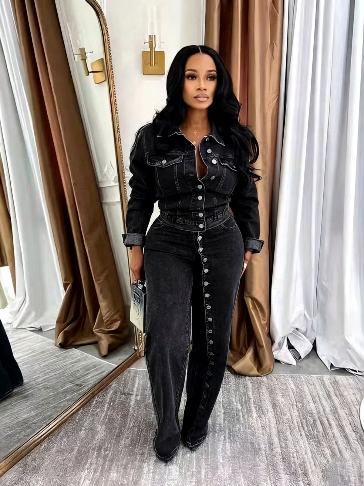 Women's Denim Button-Front Washed Two-Piece Set in Black - product view