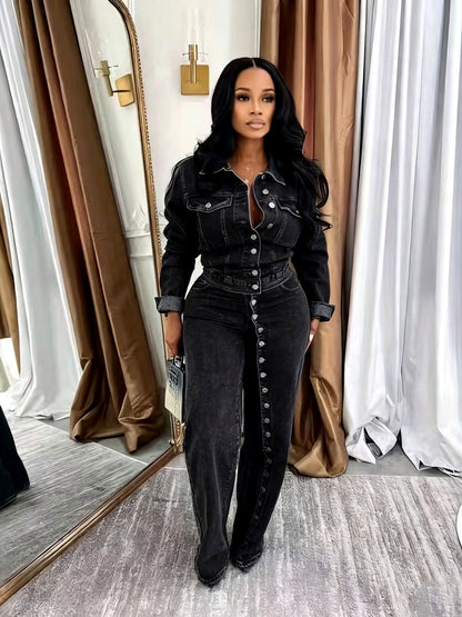 Women's Denim Button-Front Washed Two-Piece Set in Black - product view