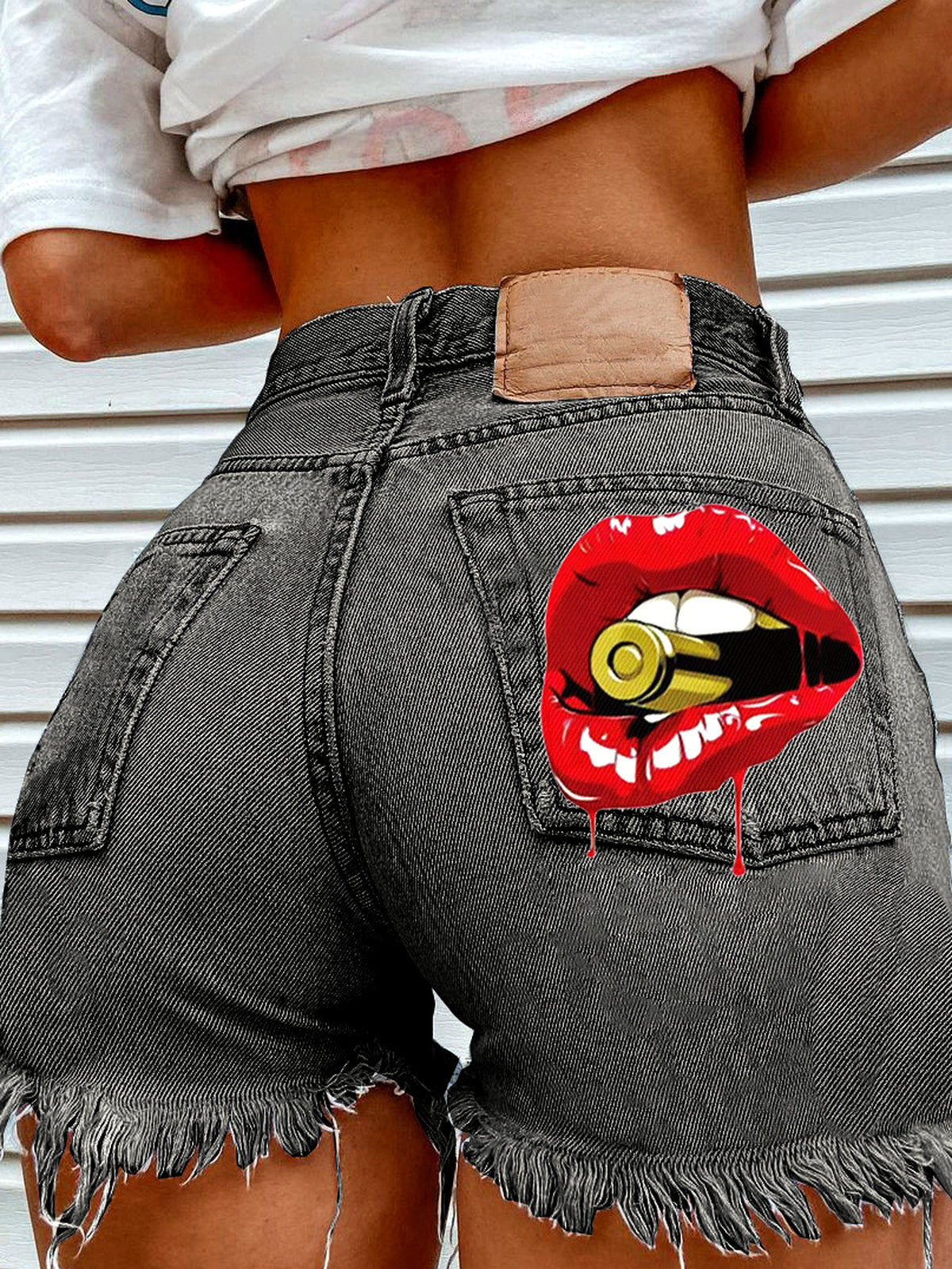 Denim Printed Mid-Rise Straight-Leg Streetwear Shorts in Black - product view