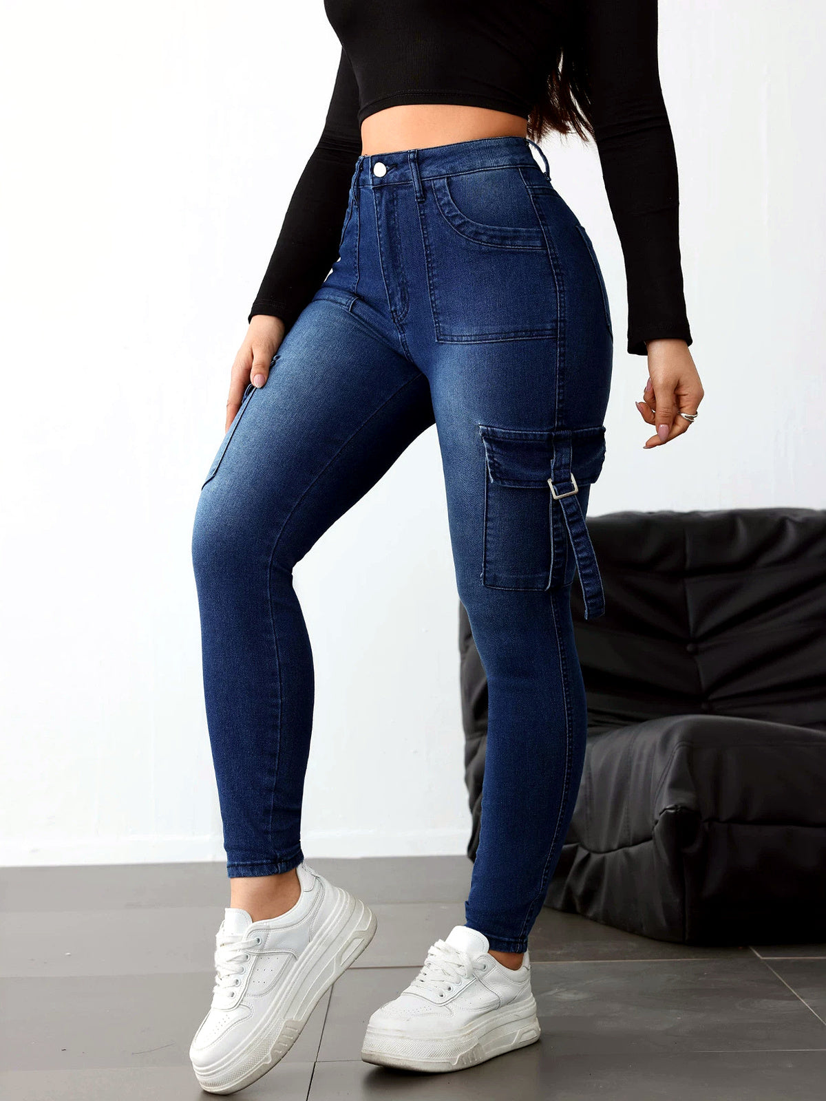 Women's Washed Denim Solid-Color Distressed Slim-Fit Mid-Rise Jeans in Blue - product view