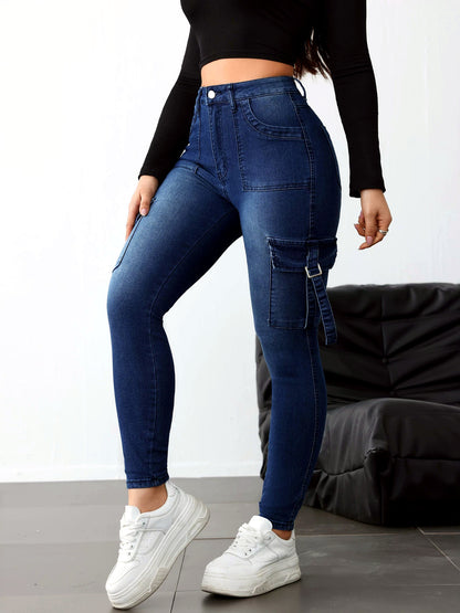 Women's Washed Denim Solid-Color Distressed Slim-Fit Mid-Rise Jeans in Blue - product view