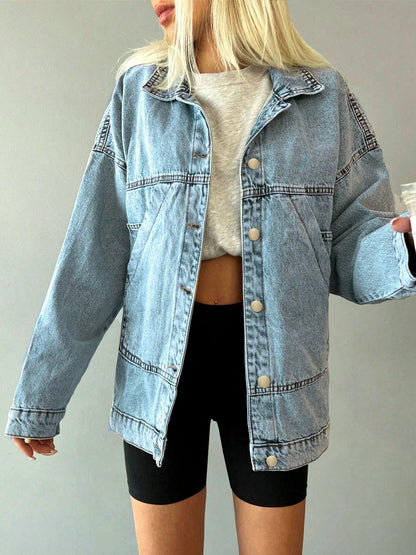 Women's Denim Relaxed-Fit Long-Sleeve Mid-Length Vintage-Inspired Jacket in Light Blue - product view