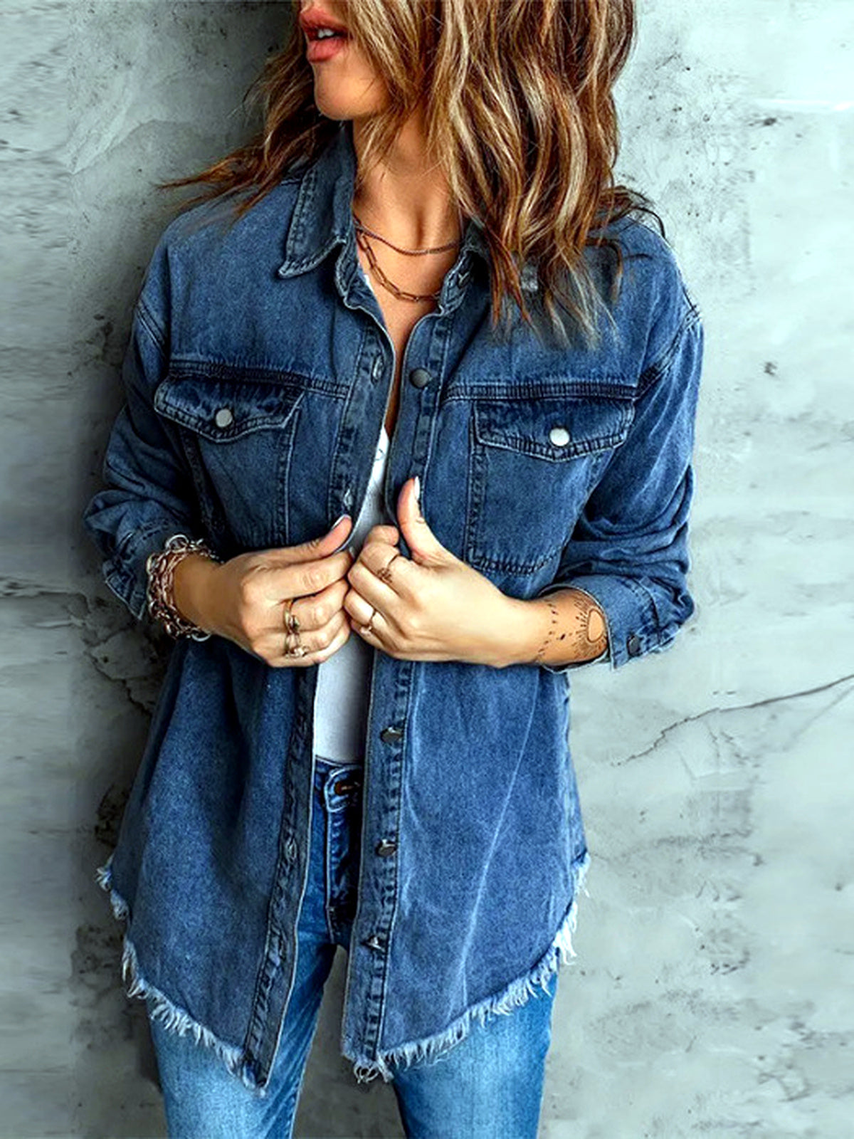 Women's Denim Raw-Hem Relaxed-Fit Slim-Fit Straight-Leg Long-Sleeve Polo Shirt in Dark Blue - product view