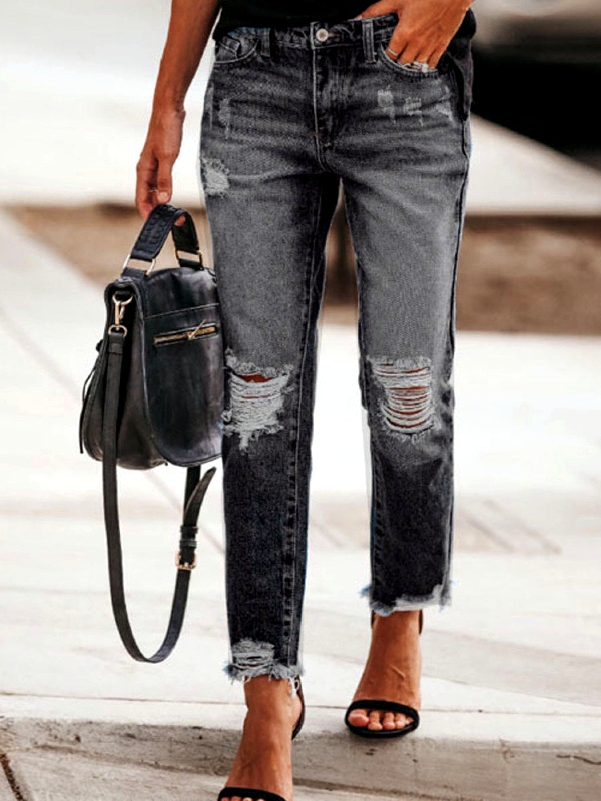 Women's Denim Distressed Mid-Rise Straight-Leg Pants in Black - product view