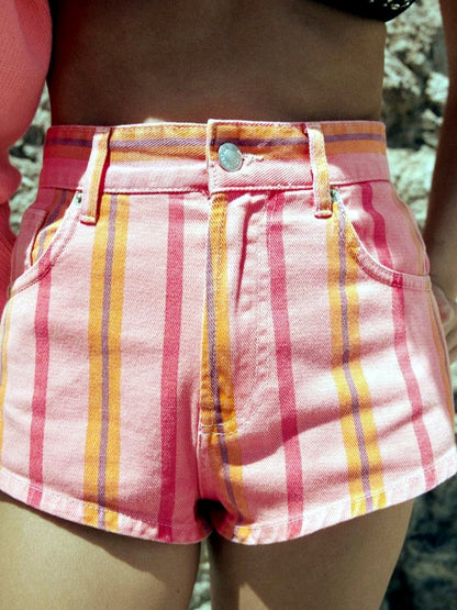 Women's High Waist Distressed Denim Bermuda Shorts Raw Hem Ripped Jeans Striped Straight-Leg Shorts in Red - product view