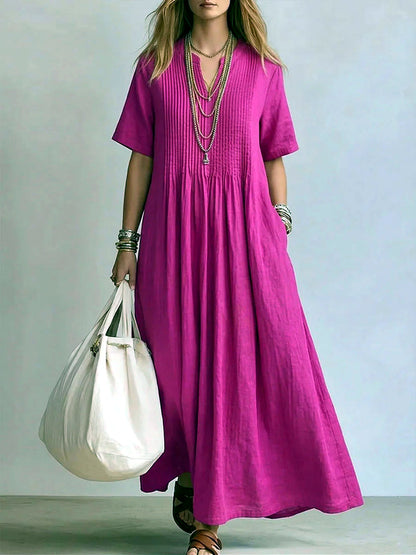 Women's Linen-Blend Solid-Color V-Neck Patchwork Relaxed-Fit Short-Sleeve Dress in Rose Red - product view