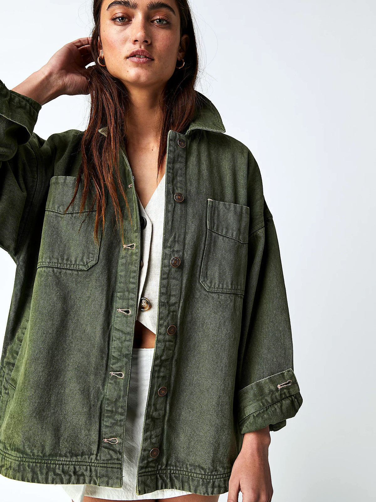 Women's Long Sleeve Open Front Blazer Cardigan Solid Color Casual Jacket in Army Green - product view