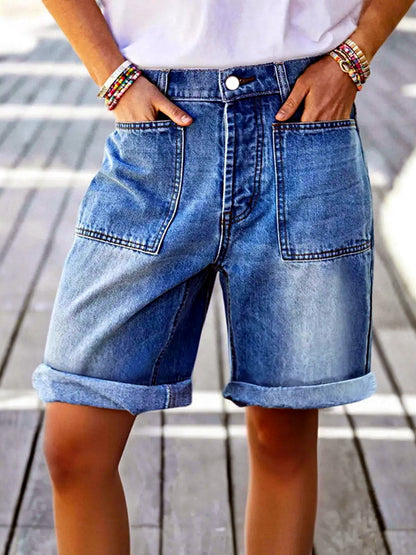Women's Washed Denim Distressed Stretch Mid-Rise Straight-Leg Jeans in Denim Blue - product view
