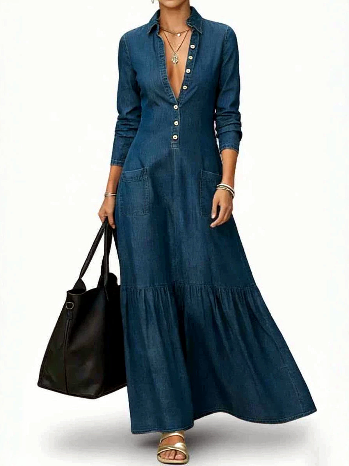 Women's Denim Solid-Color Patchwork Button-Front Slim-Fit Long-Sleeve Skirt in Blue - product view