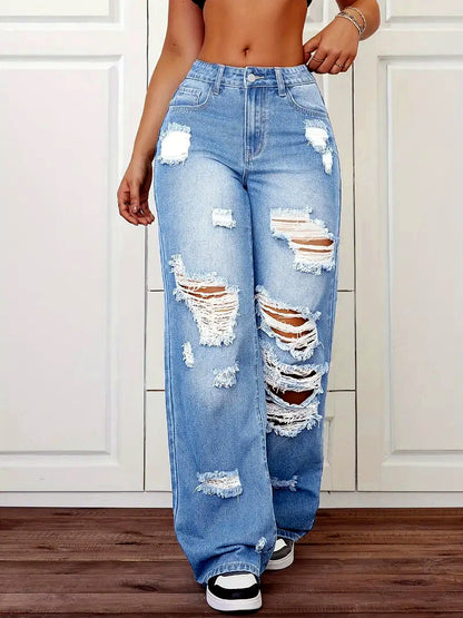 Women's Washed Denim Distressed High-Waist Straight-Leg Vintage-Inspired Jeans in Blue - product view