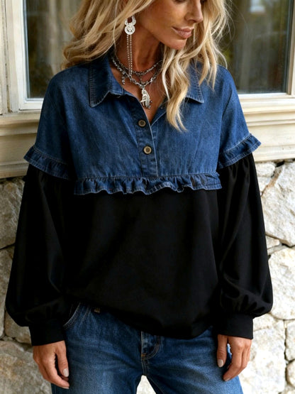 Women's Denim Patchwork Relaxed-Fit Long-Sleeve Sweatshirt in Black - product view