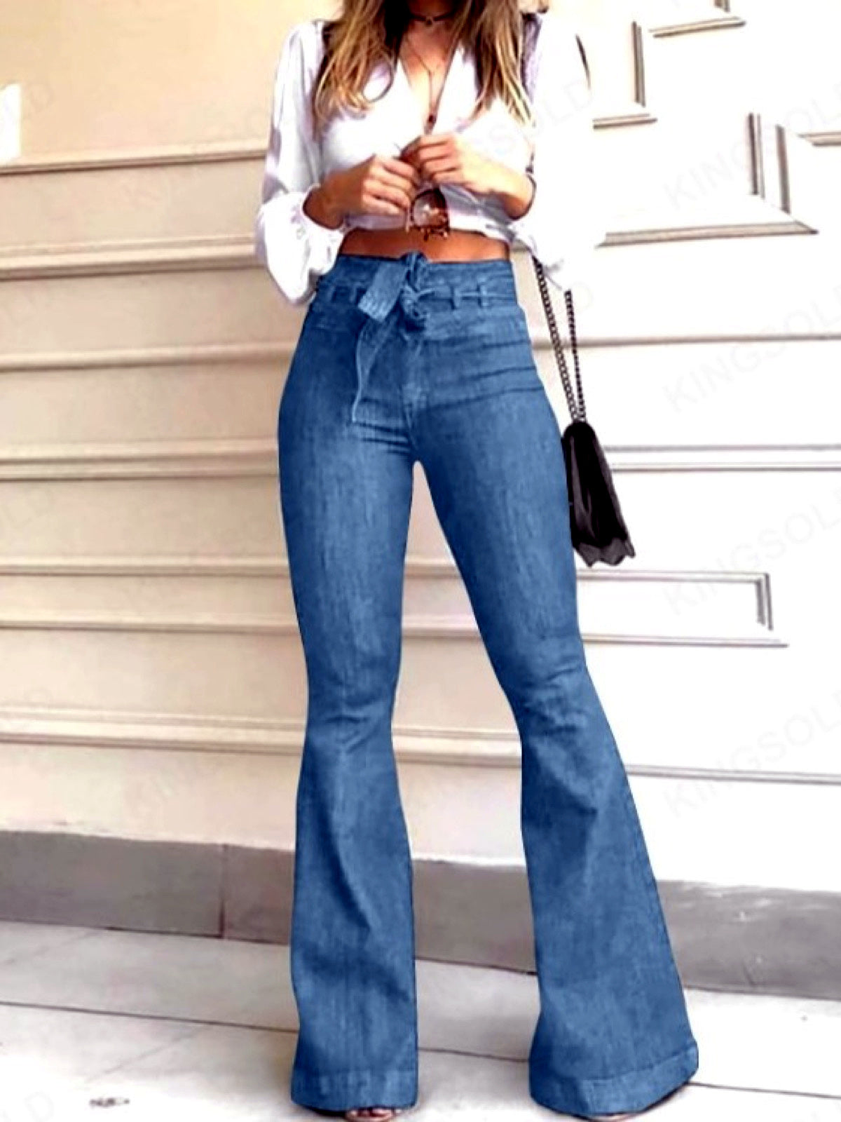 Women's Denim High-Waist Tie-Belt Wide-Leg Jeans in Lake Blue - product view