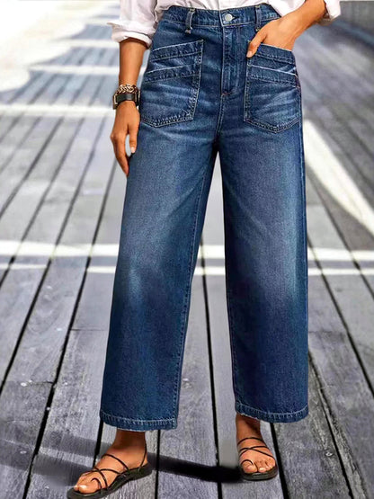 Women's Washed Stretch Denim Mid-Rise Wide-Leg Pocket Jeans in Denim Blue - product view