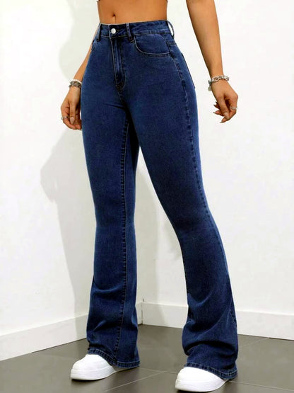 Women's Washed Denim Solid-Color Slim-Fit Mid-Rise Straight-Leg Jeans in Dark Blue - product view